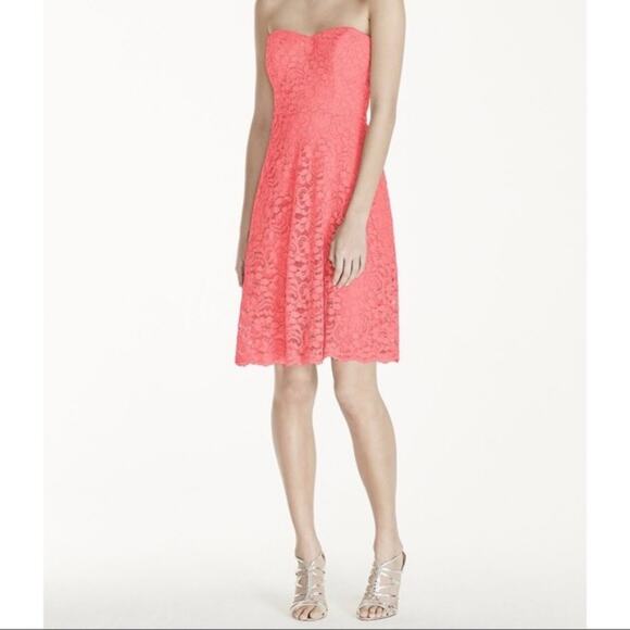 David's Bridal Strapless Coral Pink Lace Dress - Picture 2 of 15